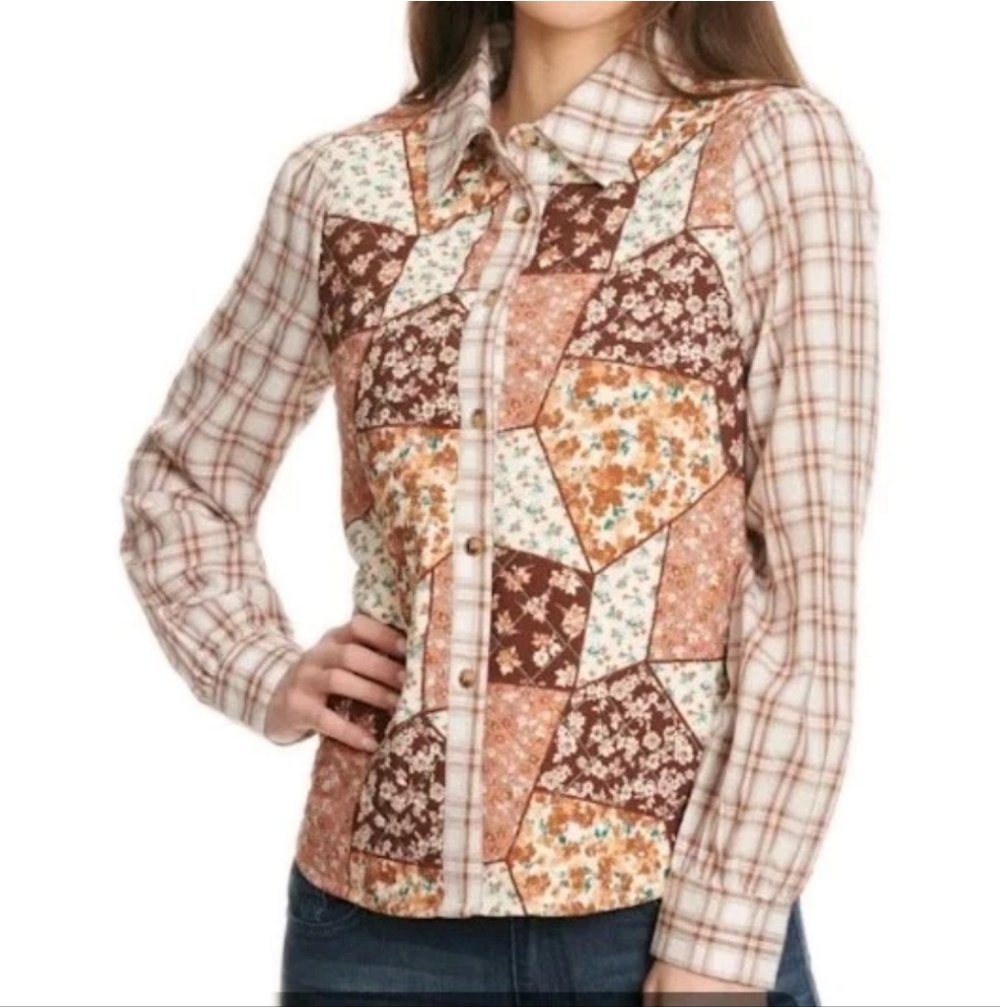 Rockin C Quilted Floral Patchwork Shirt Med Plaid Cottage Western Coffee Pink